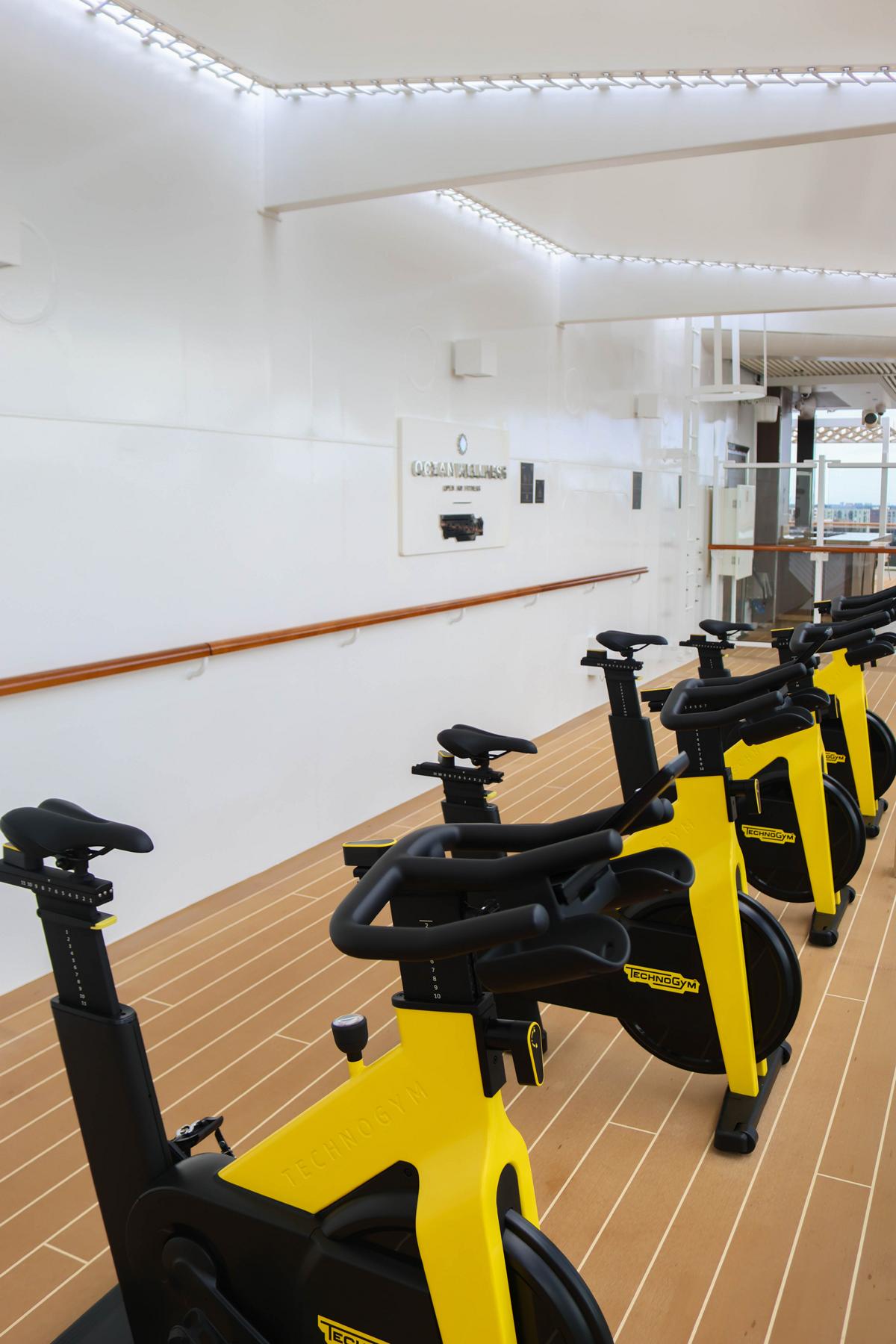 Auf dem Außendeck befinden sich neben Rudergeräte auch hochwertige Cycle-Bikes für abwechslungsreiche Workouts