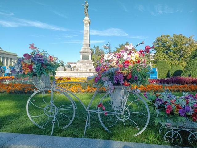Das Stadtzentrum von Rousse wird durch das Freiheitsdenkmal markiert. An dessen Fuß bildet ein Blumenfahrrad einen farbenfrohen Kontrast